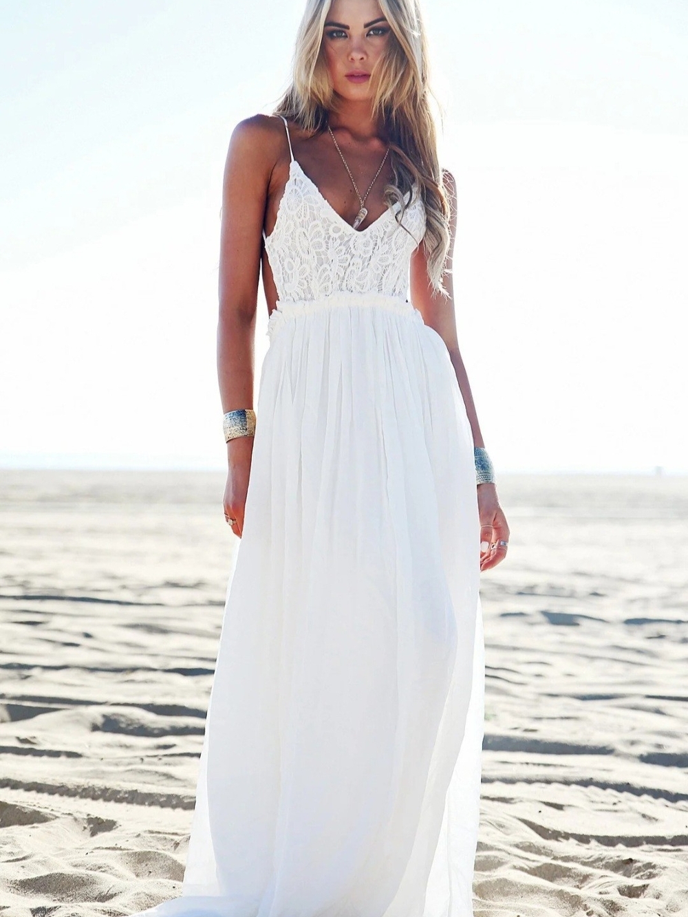 Bohemian White Lace Bodice Spaghetti-Strap Open Back Maxi Dress